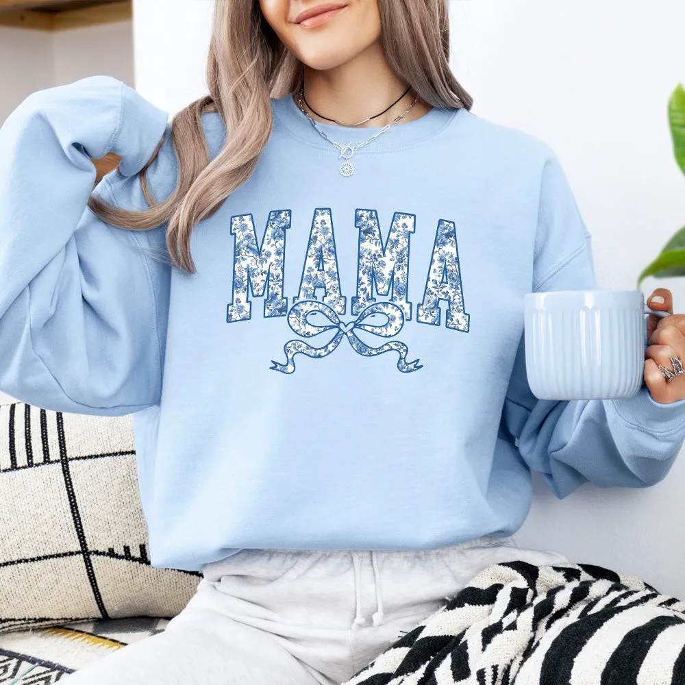 Mama Blue Floral Coquette Bow Sweatshirt