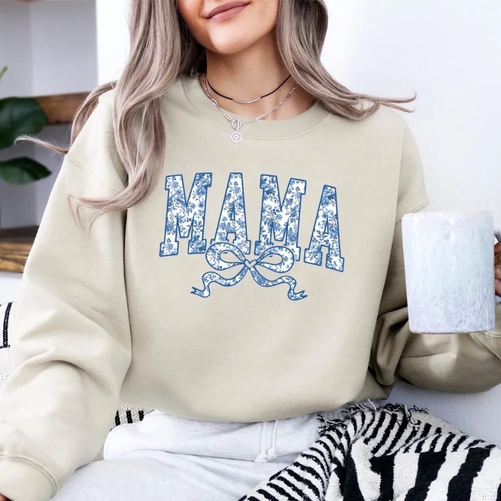 Mama Blue Floral Coquette Bow Sweatshirt