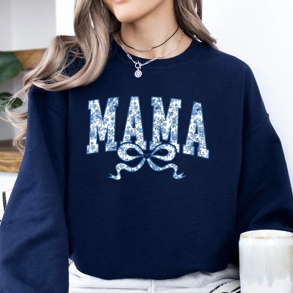 Mama Blue Floral Coquette Bow Sweatshirt