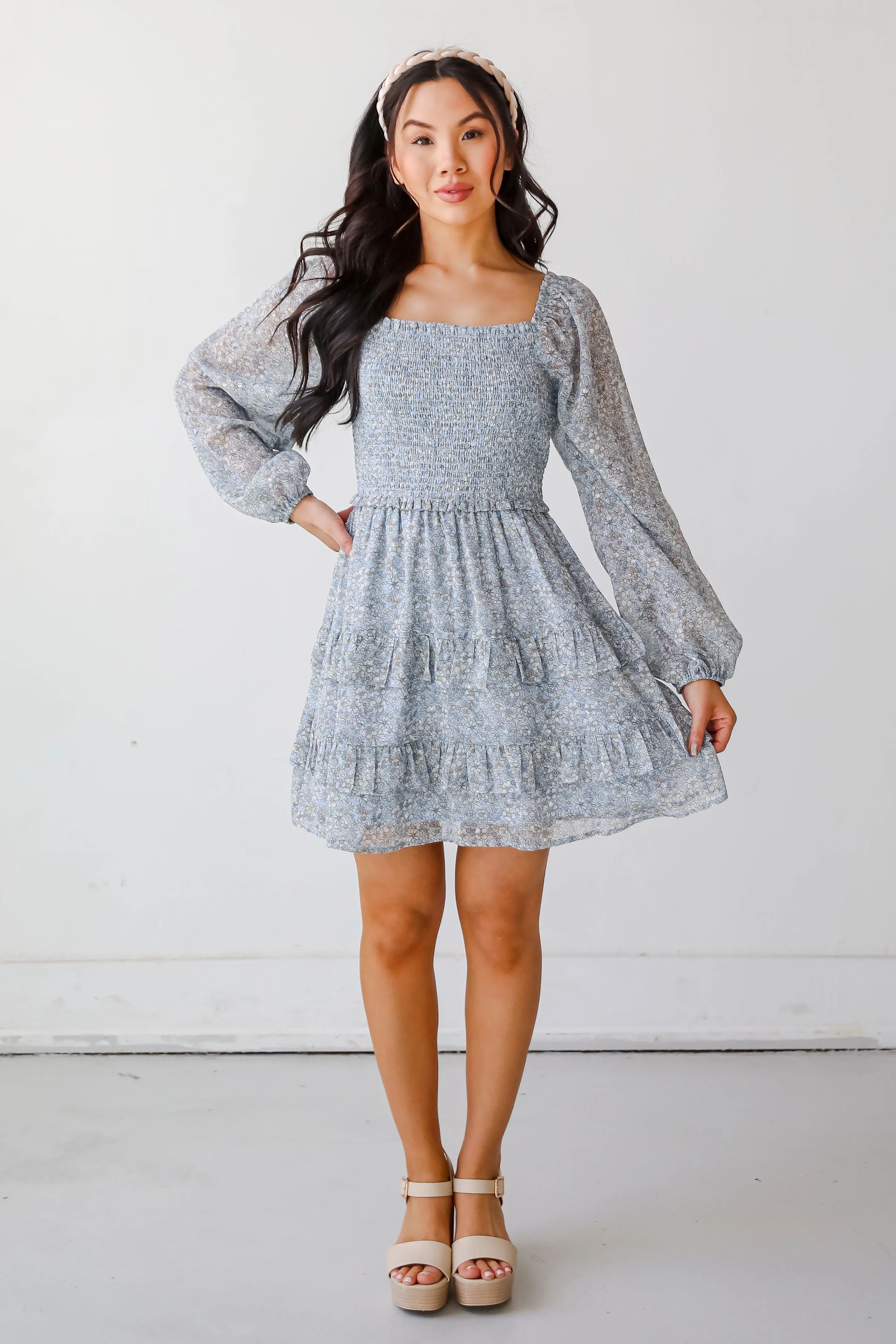 Modern Romantic Light Blue Floral Smocked Mini Dress