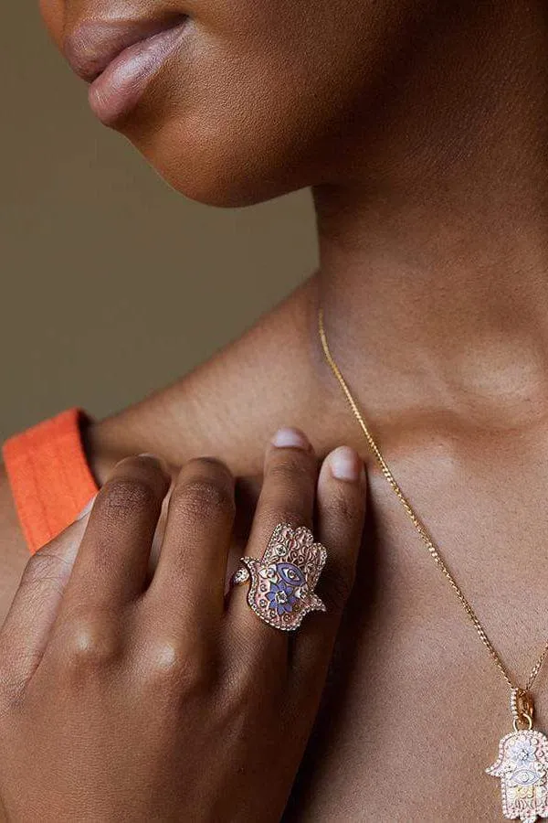 Pink Enamel Hamsa Ring