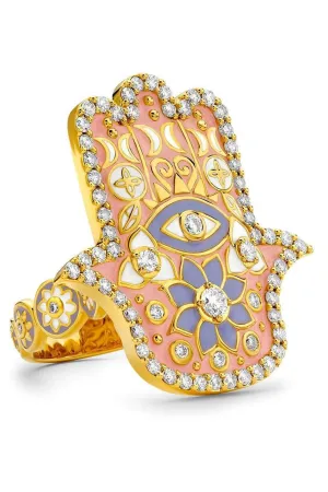 Pink Enamel Hamsa Ring