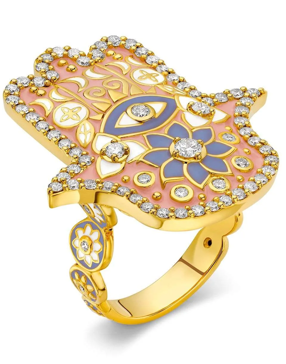 Pink Enamel Hamsa Ring