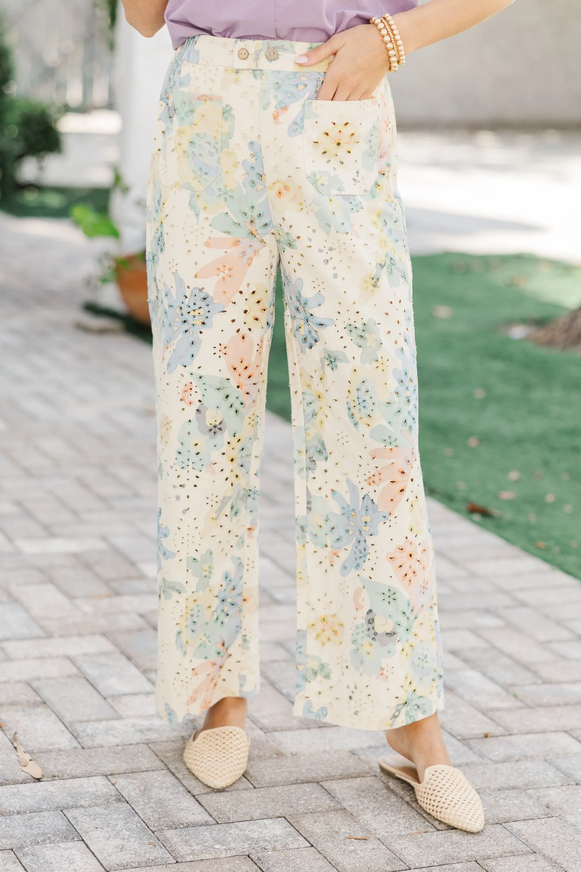 Pretty Petals Blue Eyelet Wide Leg Pants