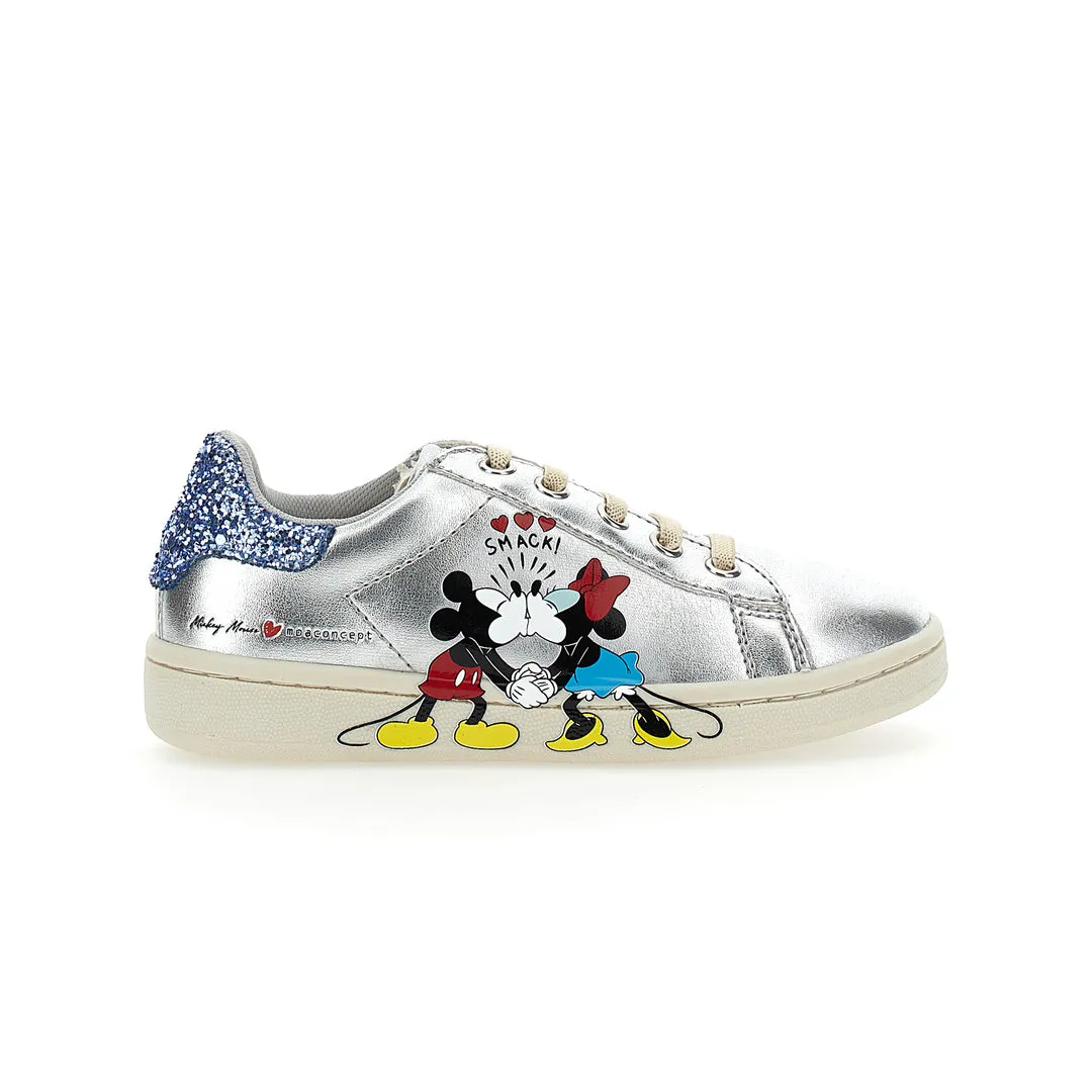 Silver Mickey   Minnie Glitter Tab Velcro Sneakers