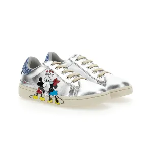 Silver Mickey   Minnie Glitter Tab Velcro Sneakers
