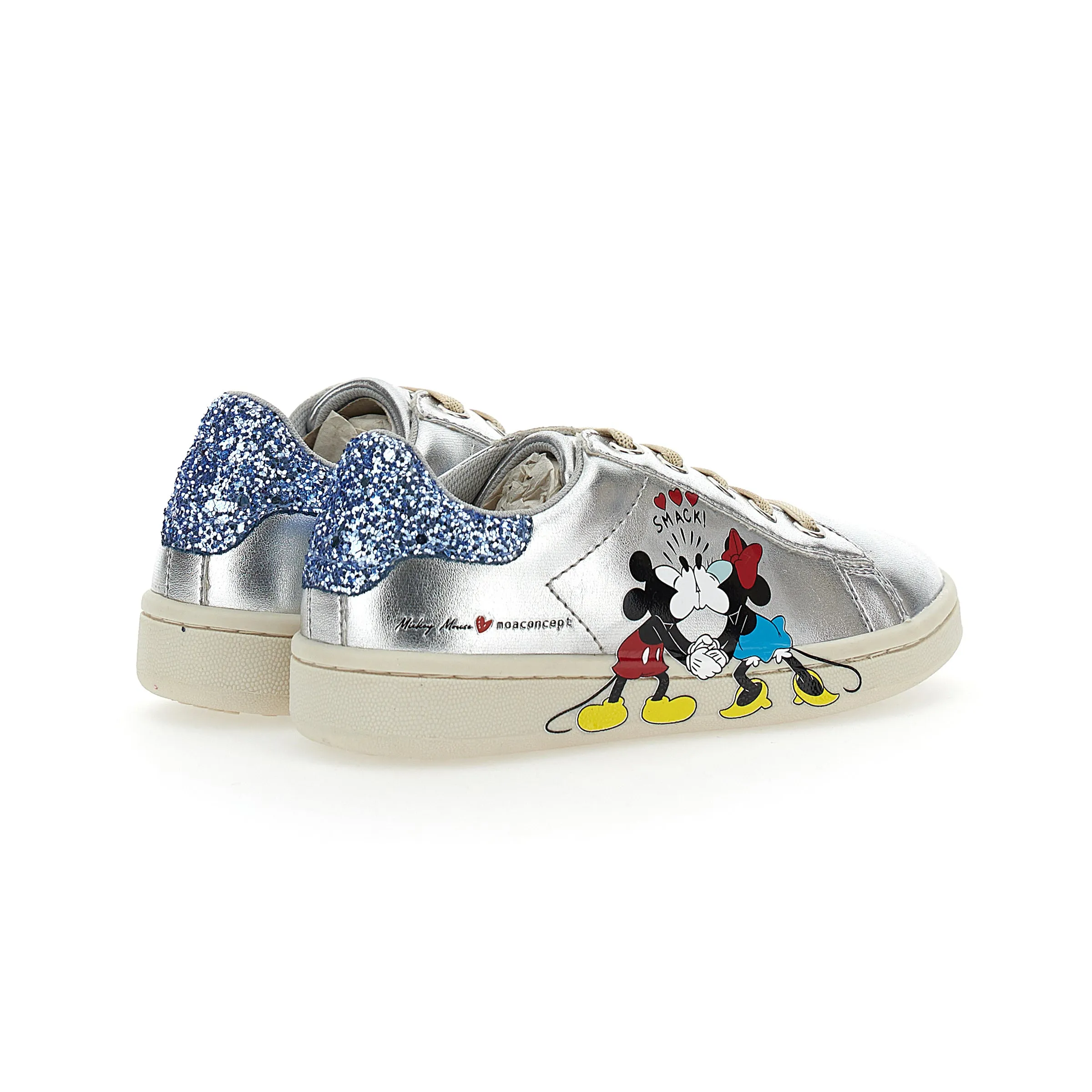 Silver Mickey   Minnie Glitter Tab Velcro Sneakers