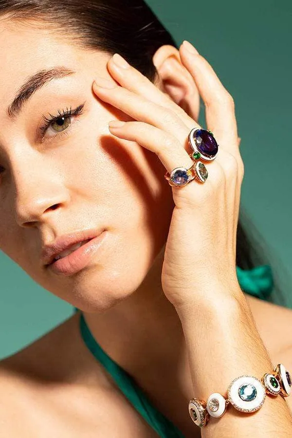 Tanzanite Tsavorite and White Enamel Ring