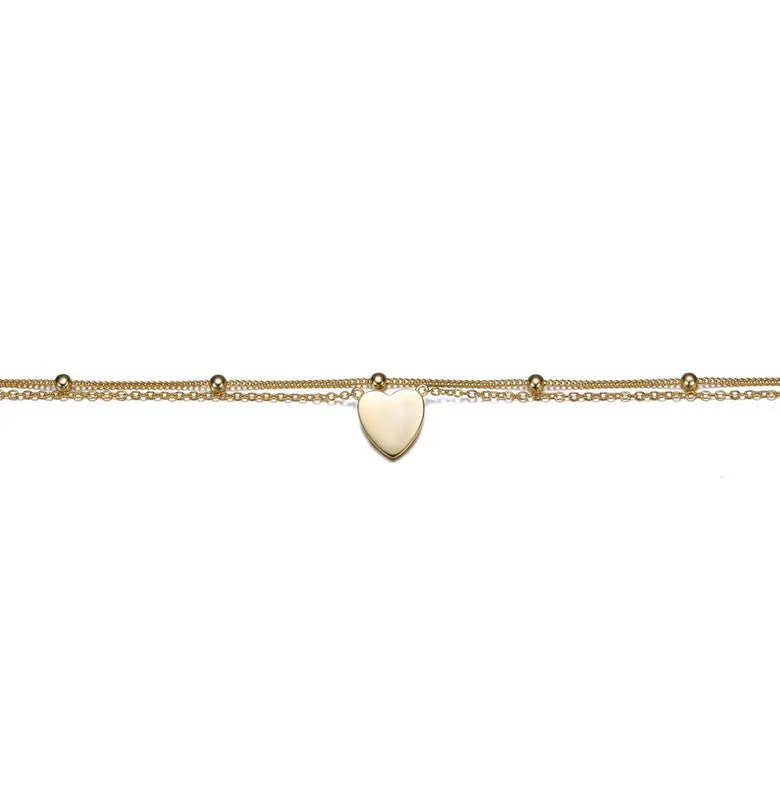 Teens 14k Gold Plated Hammered Heart Charm Anklet