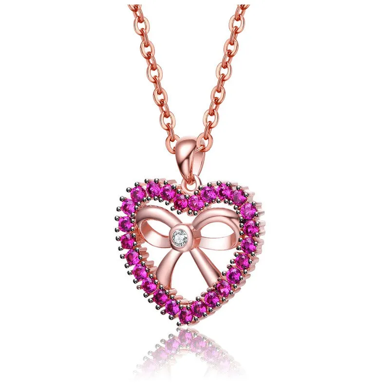 Teens Sterling Silver 18k Rose Gold Plated with Ruby Red Cubic Zirconia Pendant Necklace