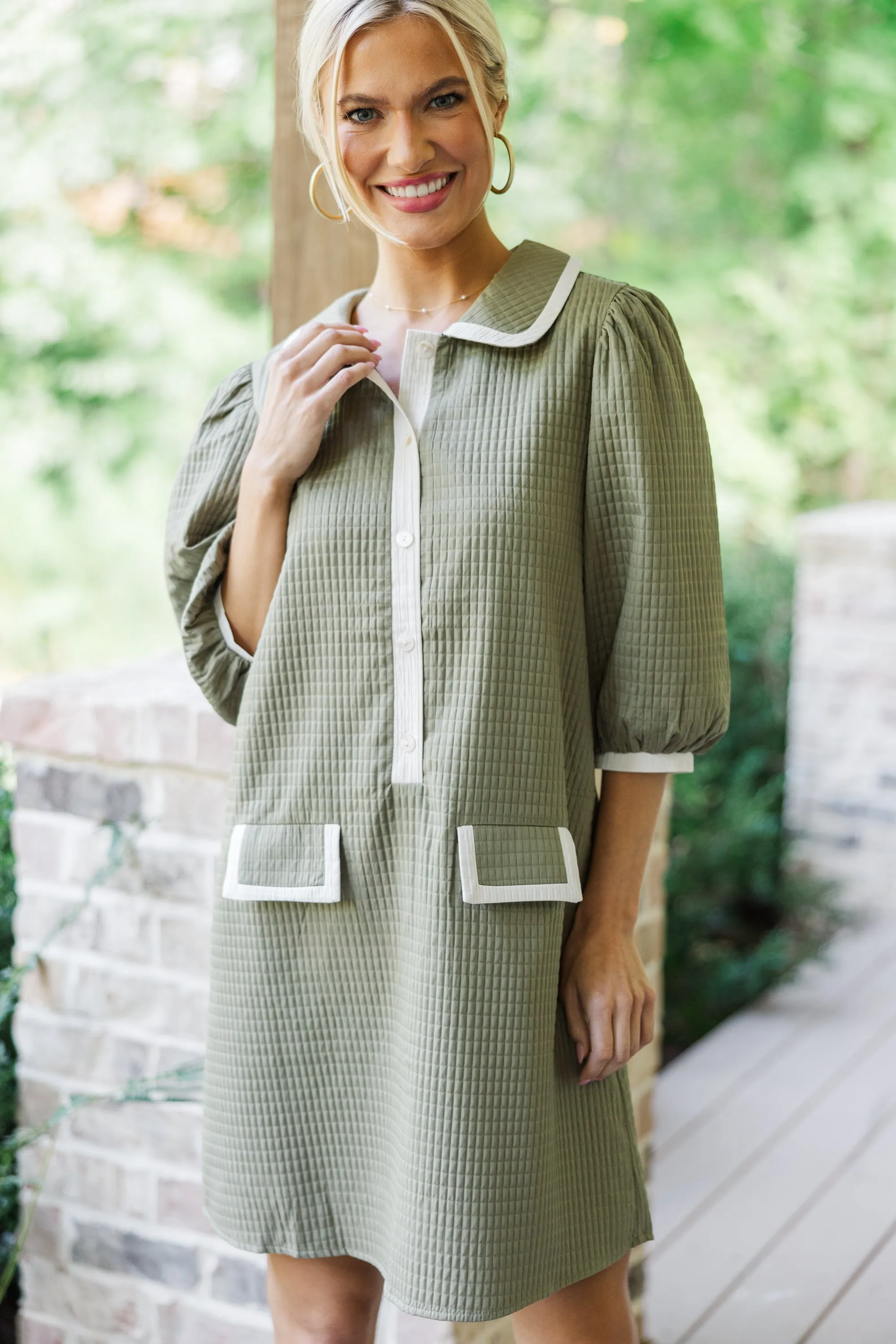 THML: What A Joy Olive Green Textured Dress