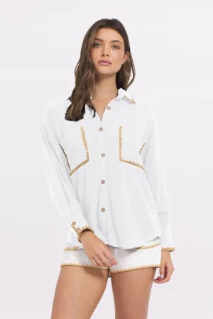 White Button Up Shirt w/ Tan Whip Stitch