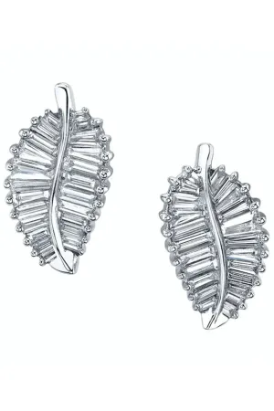 White Gold Palm Leaf Baguette Studs
