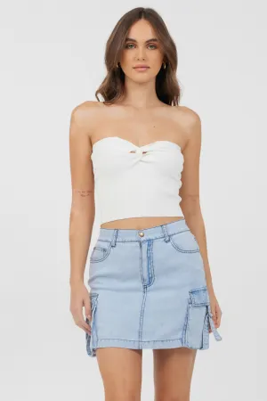 White Rib Knit Twist Front Tube Top