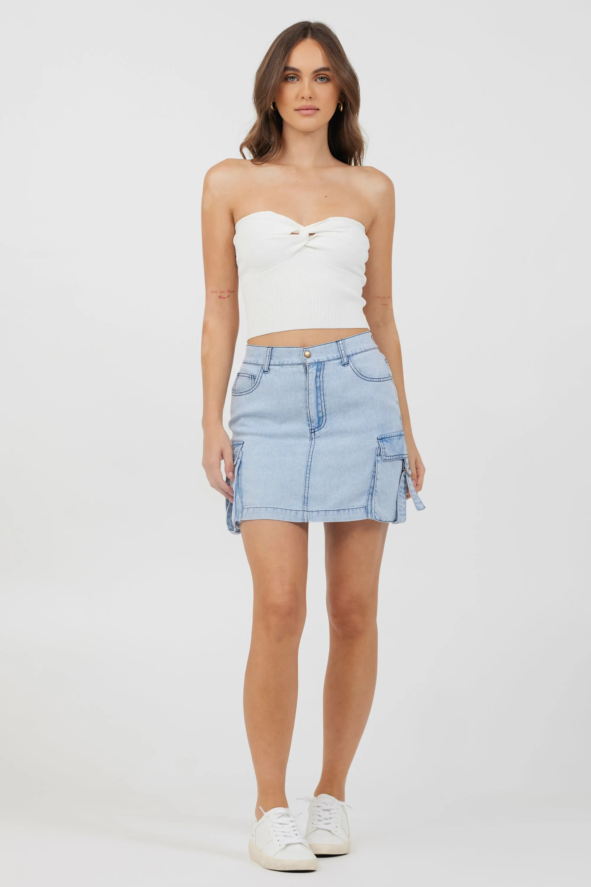 White Rib Knit Twist Front Tube Top